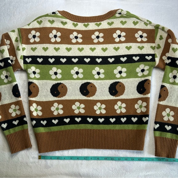 Women’s Brown and Green Patterned V-Neck Knit Yin-Yang Sweater Size Medium - Picture 2 of 5